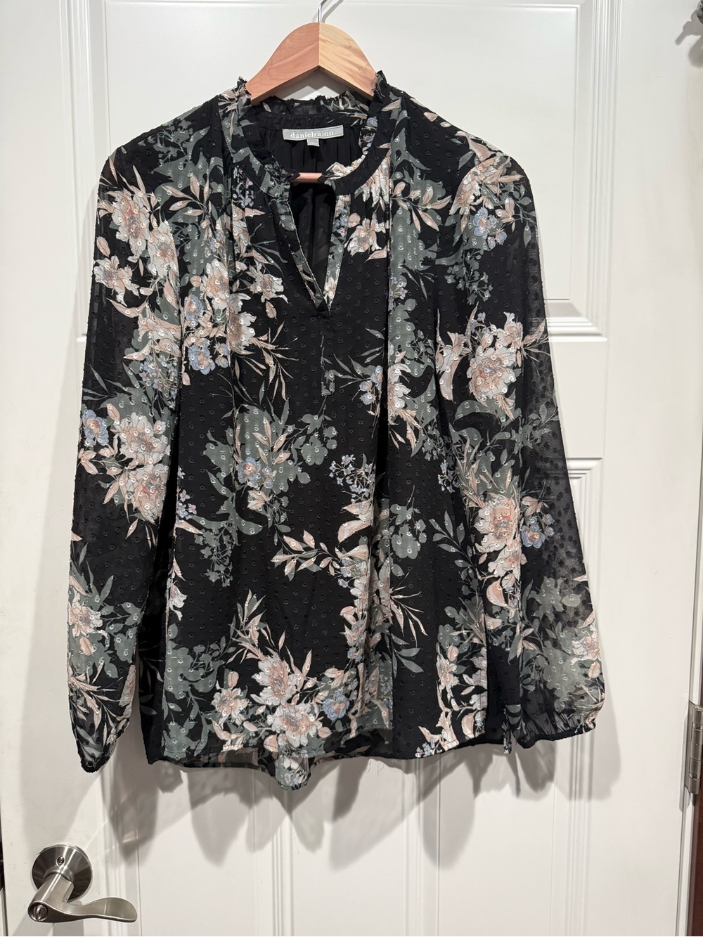 Daniel Rainn Black Floral Blouse with Blush & Sage Accents